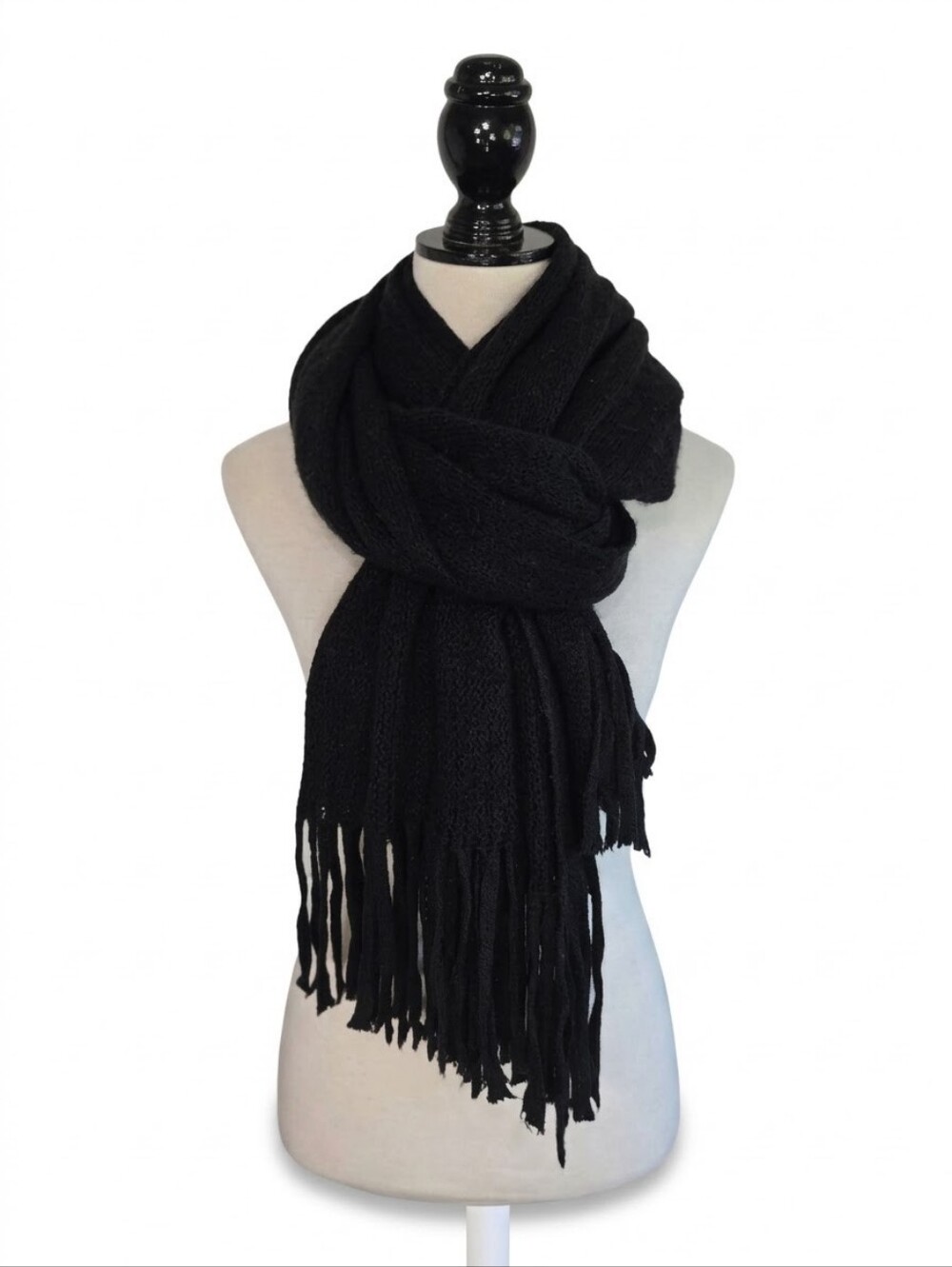 Big Black Knit Scarf With Long Fringe Heavy Knit Winter Scatf One Size Fits All